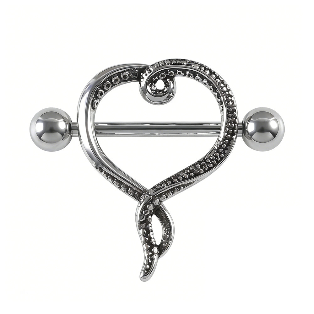 Single gothic octopus tentacle heart nipple shield piercing with textured suckers on white background.