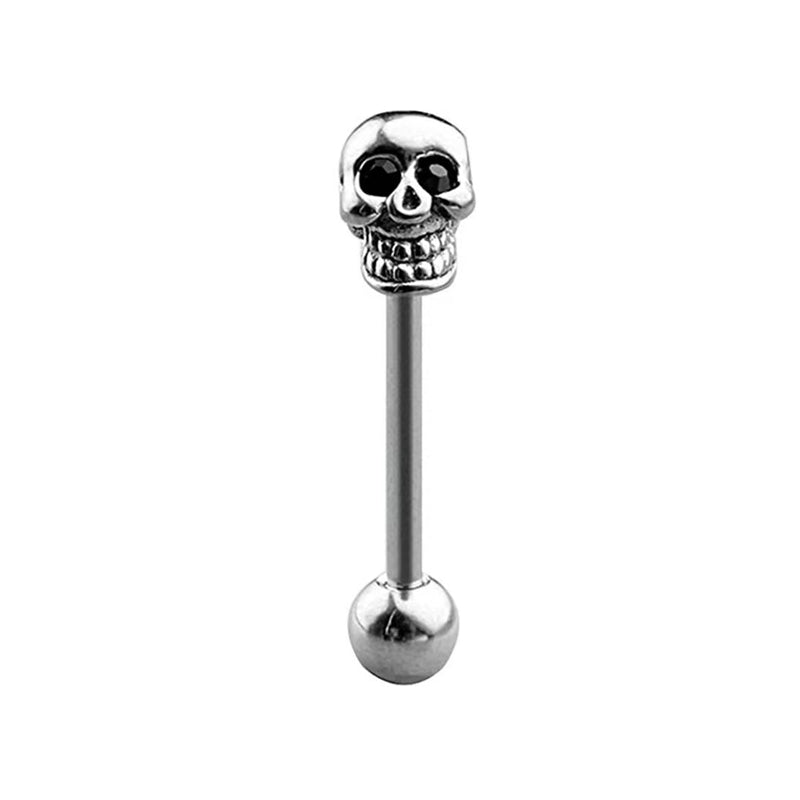 Single gothic skull tongue ring barbell featuring onyx black cz eyes on white background.