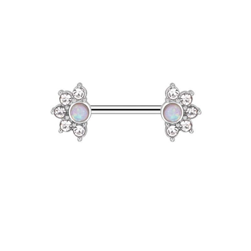 Faux opal and crystal sunburst fan-shaped nipple ring.