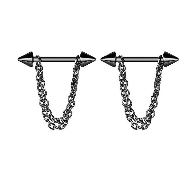 Pair of dark punk style black 14G nipple barbells piercing featuring punk spikes and double layer under-hang chains.
