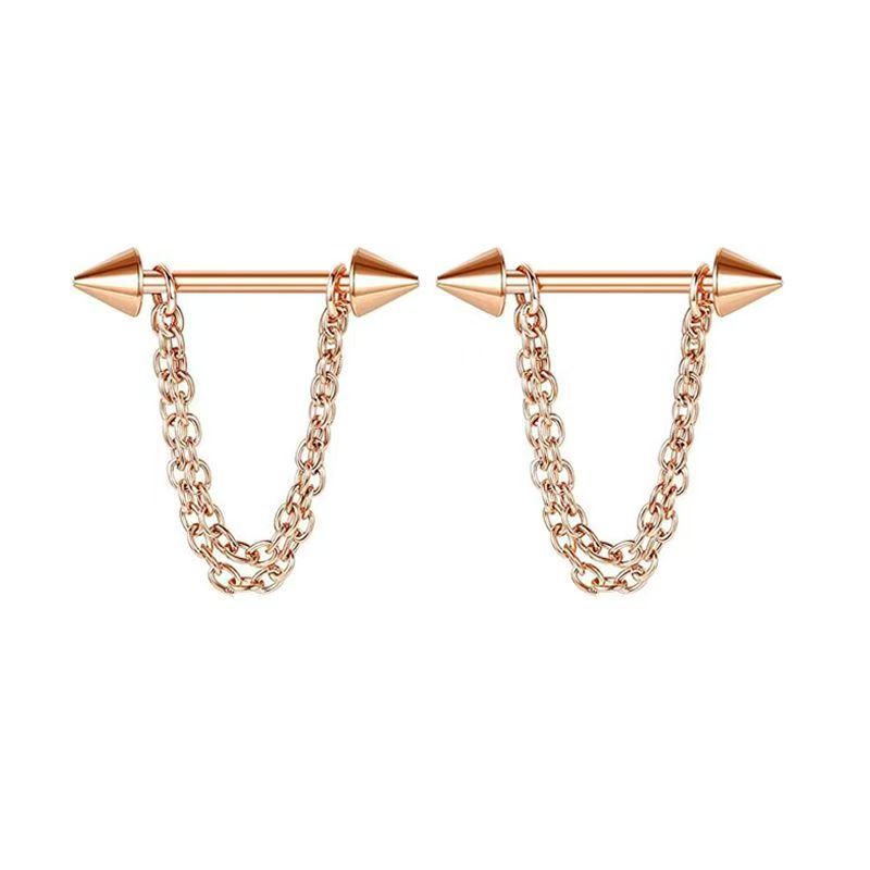 A matching pair of elegant rose gold nipple piercings rings jewelry decorated with double layered flowing body chains.