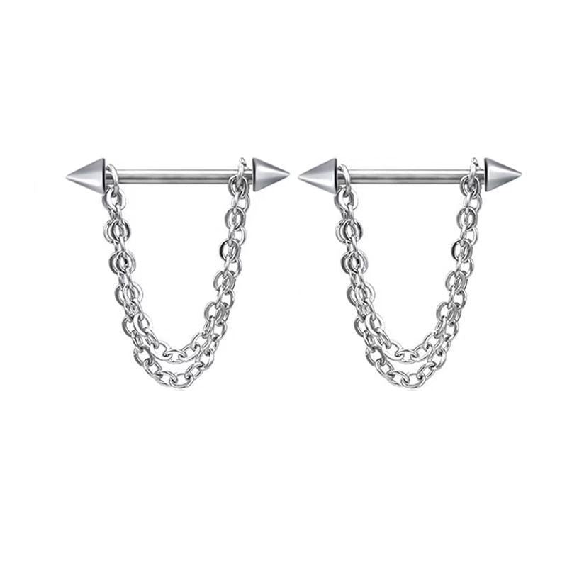 A pair of classic silver color 14G nipple rings barbells with double layered non-adjustable hanging tassel chains.