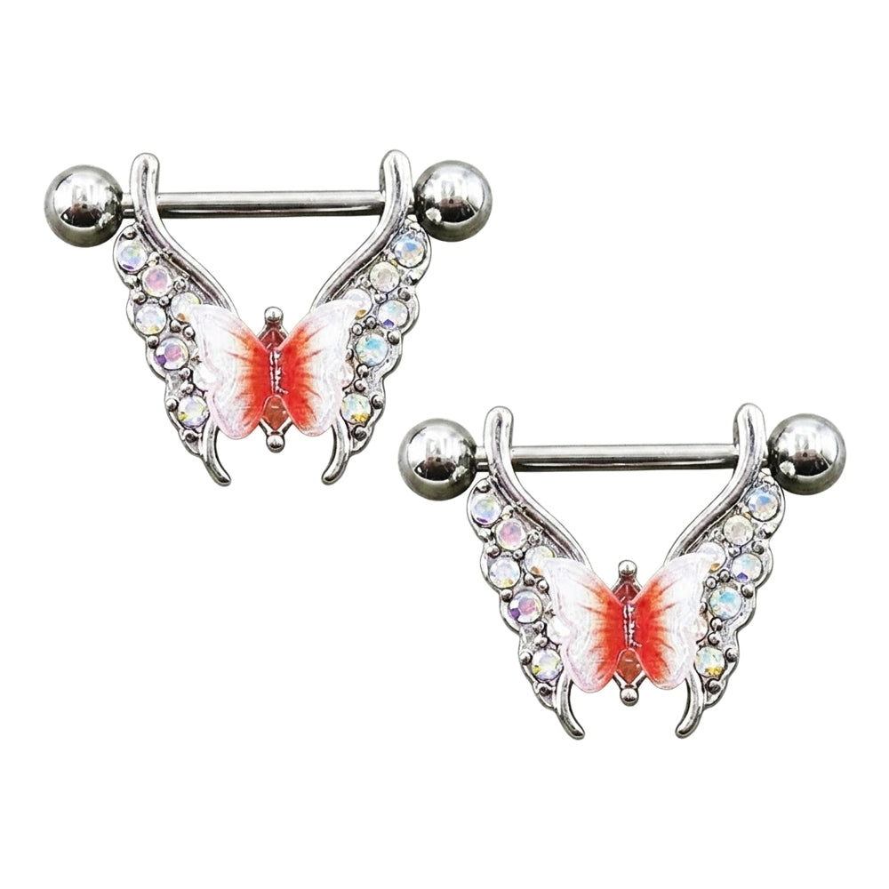A pair of silver butterfly wing nipple shield piercings with 3D red gradient enamel butterflies