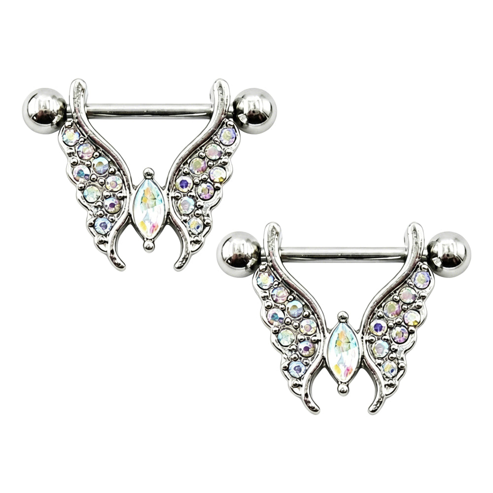 A pair of silver alternative moth wing nipple shield piercings with AB crystal accents
