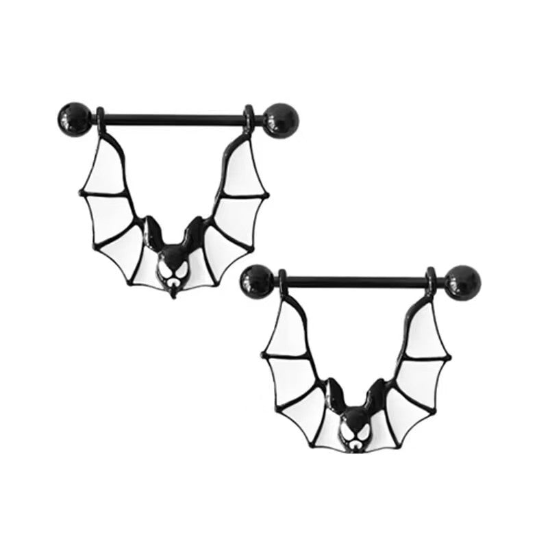 A pair of gothic bat wing nipple piercing rings for alternative fashion.