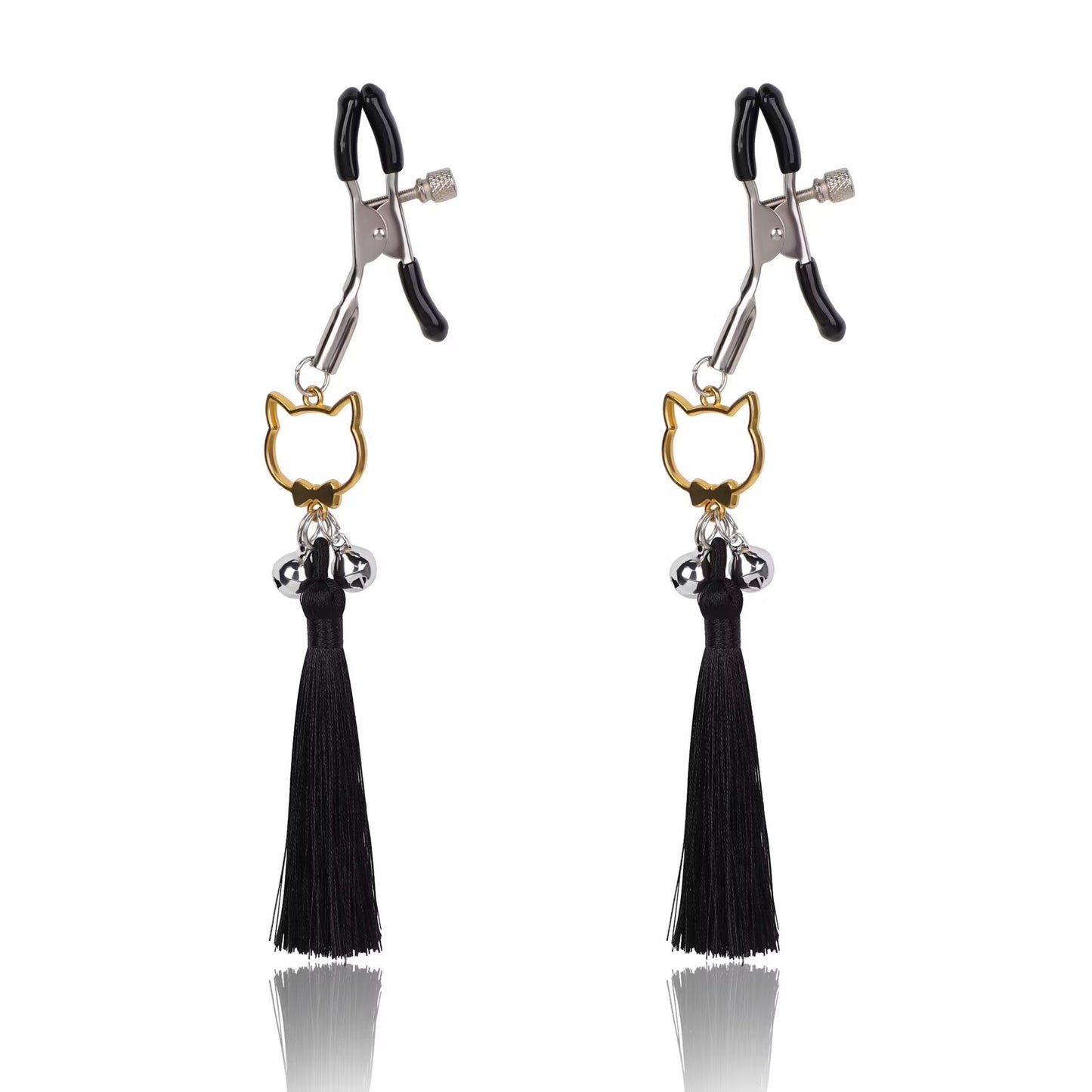 Elegant black body clamps with silver bells and silk tassels for intimate jewelry.