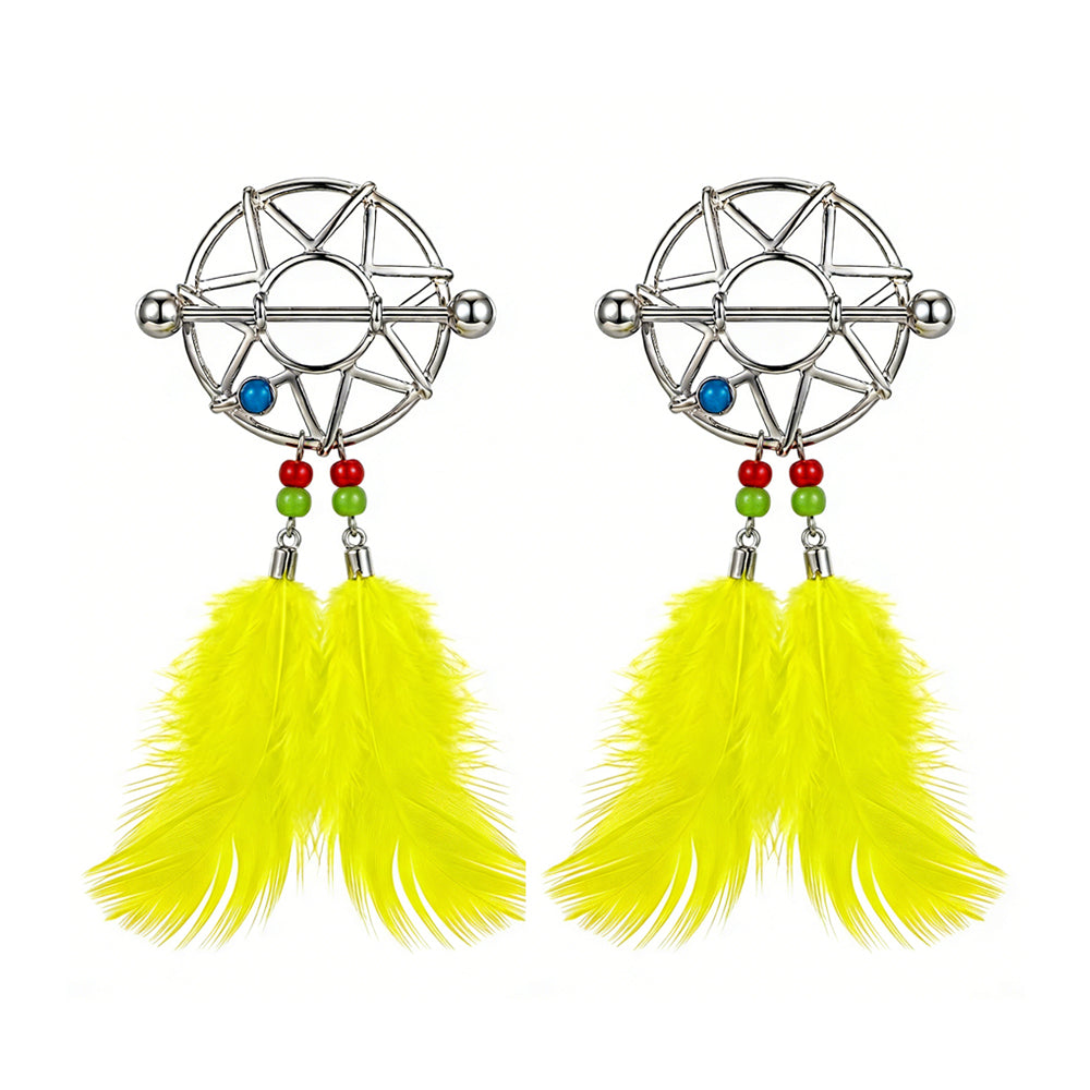 A pair of boho nipple shields featuring vibrant yellow feather charms and beads.