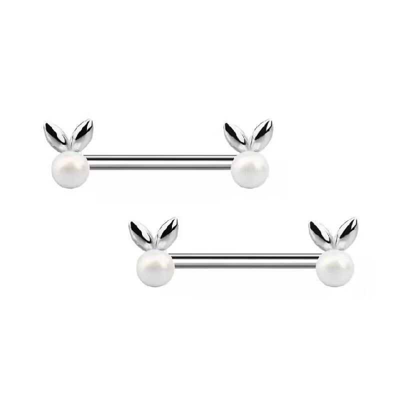 Pair of bunny pearl nipple rings showing a set of two matching 14G rabbit ear nipple barbells on a pure white background.