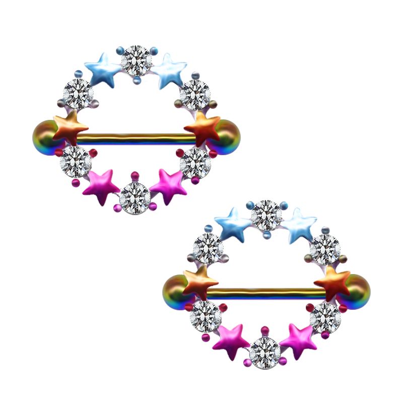 A pair of celestial-inspired nipple shields with multi-color star accents and clear crystals.