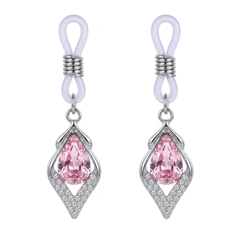 A pair of elegant fake nipple rings with pink teardrop pendants and sparkling accents, showcasing the symmetrical design for body accessorizing.
