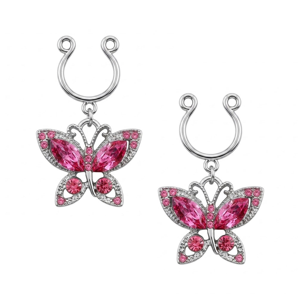 Pair set of pink crystal rhinestone butterfly clip on nipple rings