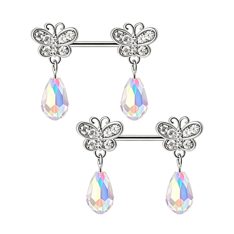 A pair of 14G butterfly dangle nipple rings with shimmering teardrop charms for body piercing