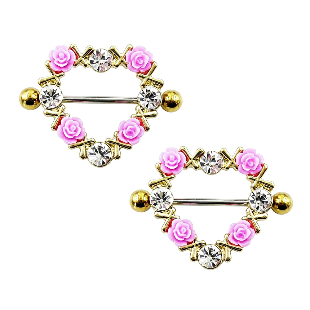 A pair of luxury gold-toned heart nipple piercing rings with 3D resin roses, targeting Y2K and fairycore intimate jewelry aesthetics, isolated on a pure white background.