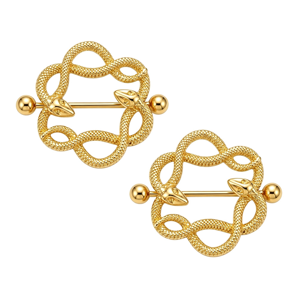 A set of two gold snake nipple shields featuring a mythological wrap design.