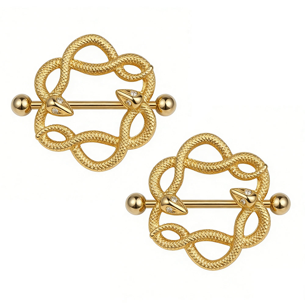 A set of two gold snake nipple shields featuring a mythological wrap design.
