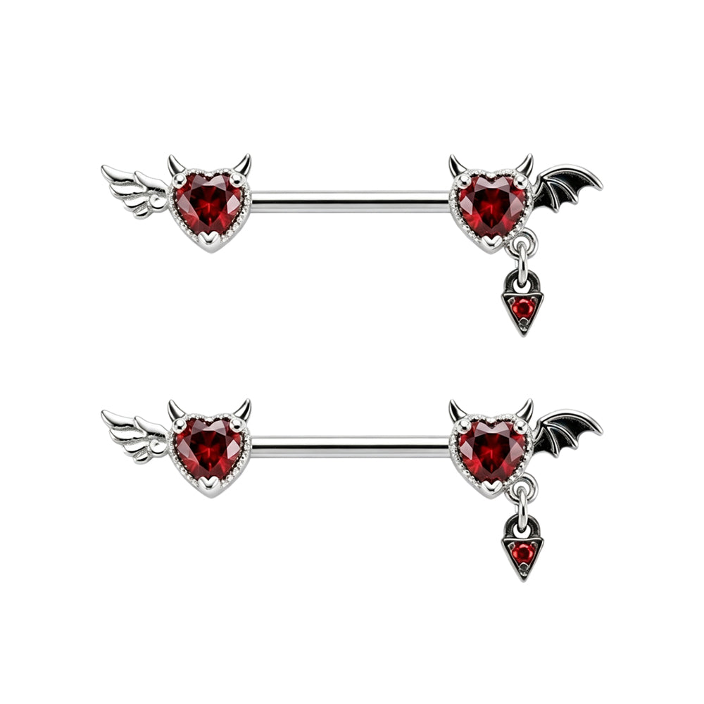 A pair of gothic heart-shaped angel and devil nipple barbells with red gemstones for body piercing jewelry