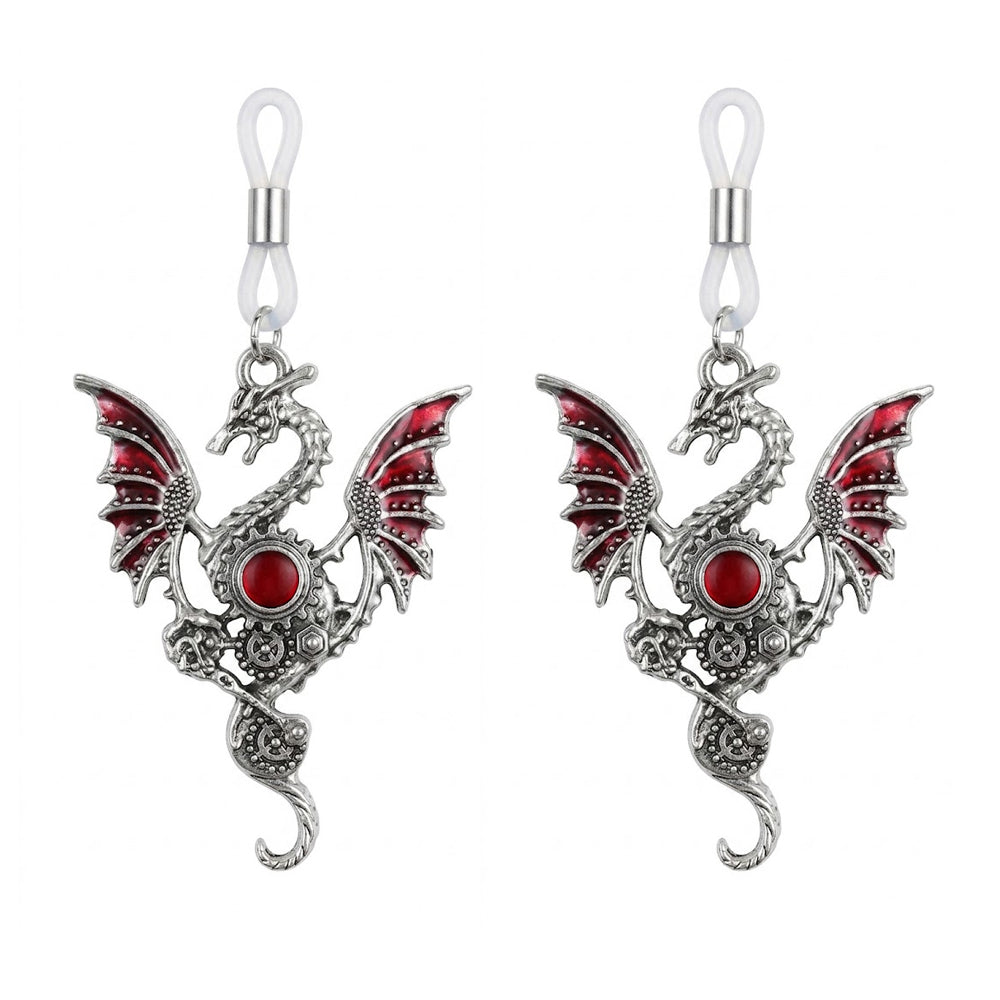 A pair of gothic dragon nipple clamps featuring red enamel accents and adjustable loops for non-piercing wear.