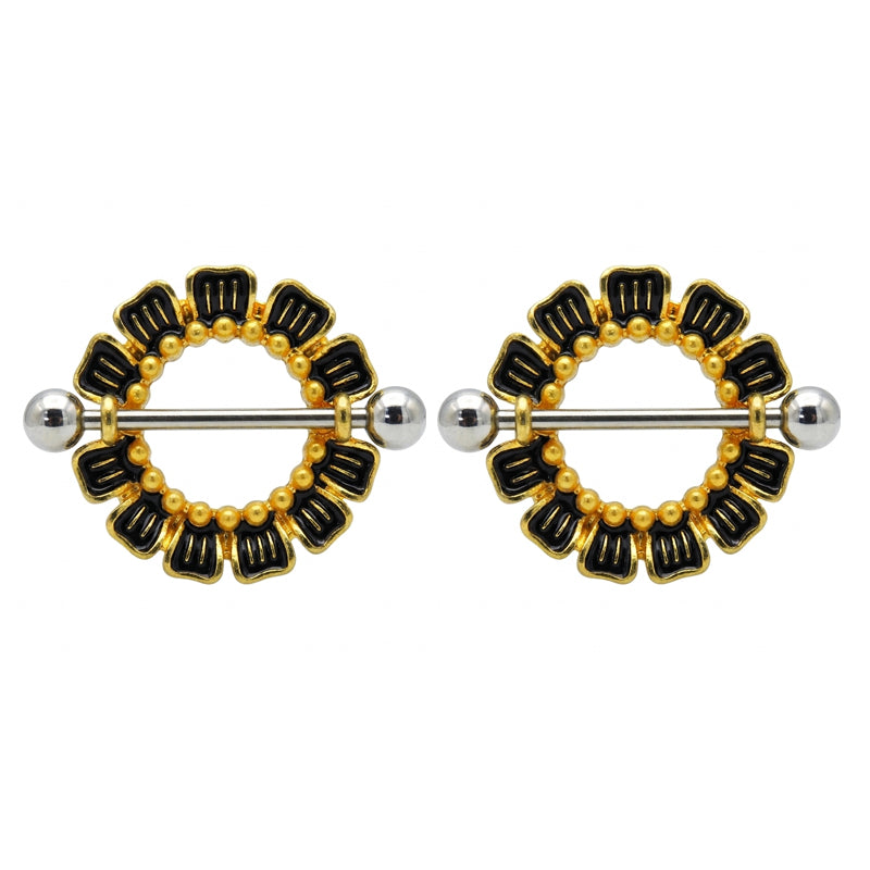 A pair of gothic floral nipple shields featuring black enamel petals and gold bead detailing.