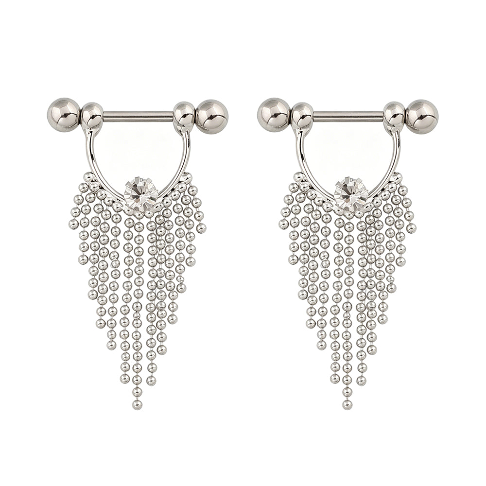 A pair of gothic nipple rings featuring clear center crystals and liquid-like beaded chain tassels displayed side by side.