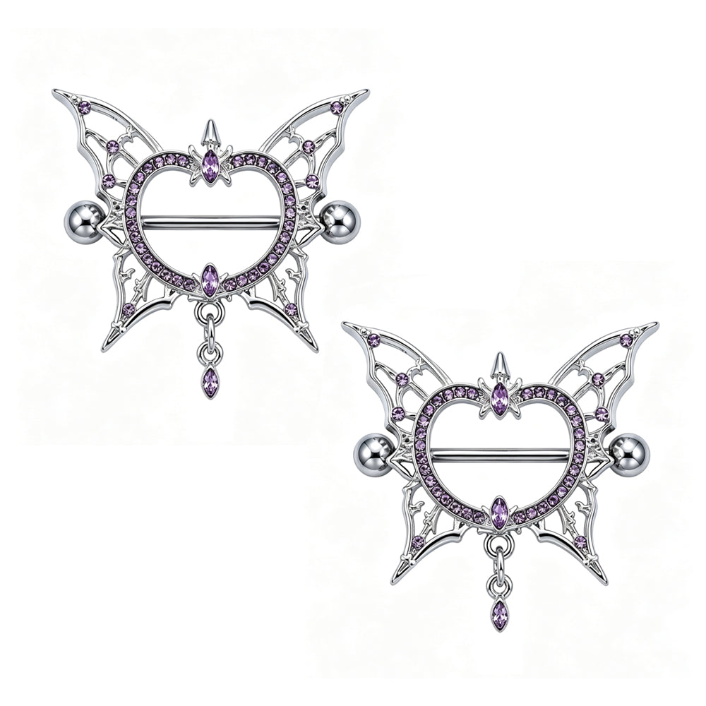 Pair of gothic purple crystal butterfly nipple shields with 14G F136 titanium straight barbells