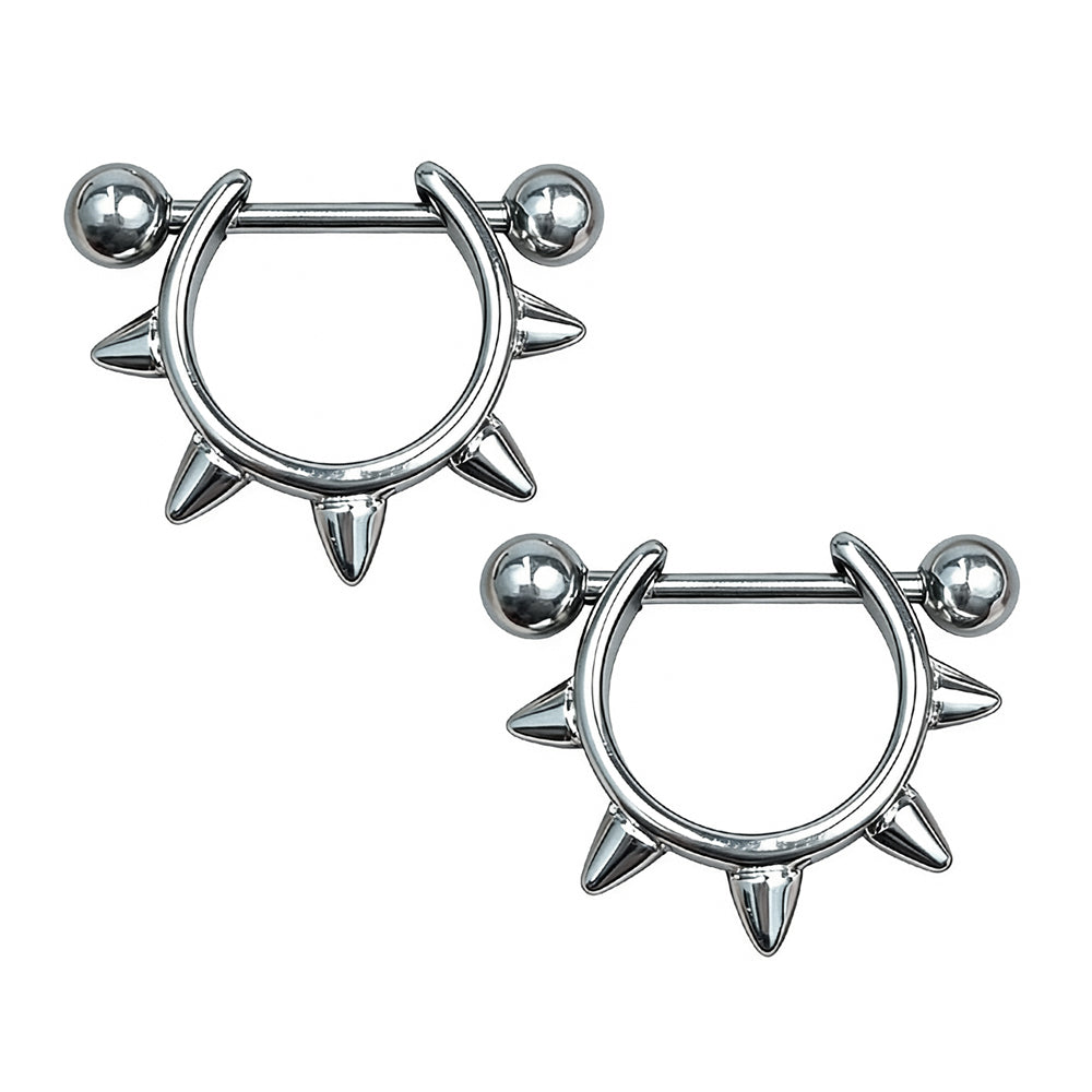 A pair of Gothic style nipple barbells with spiked shield circular design.