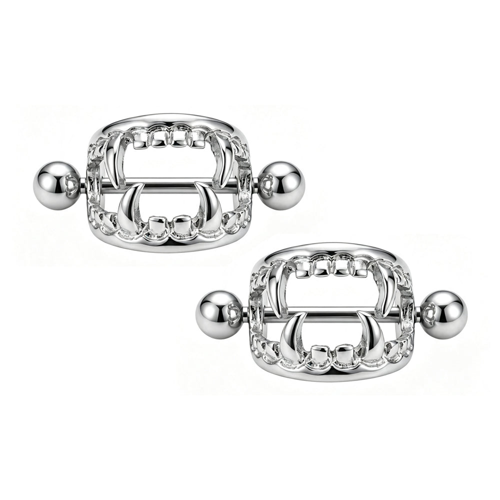 Pair of stainless steel vampire teeth nipple rings for alternative body jewelry lovers.