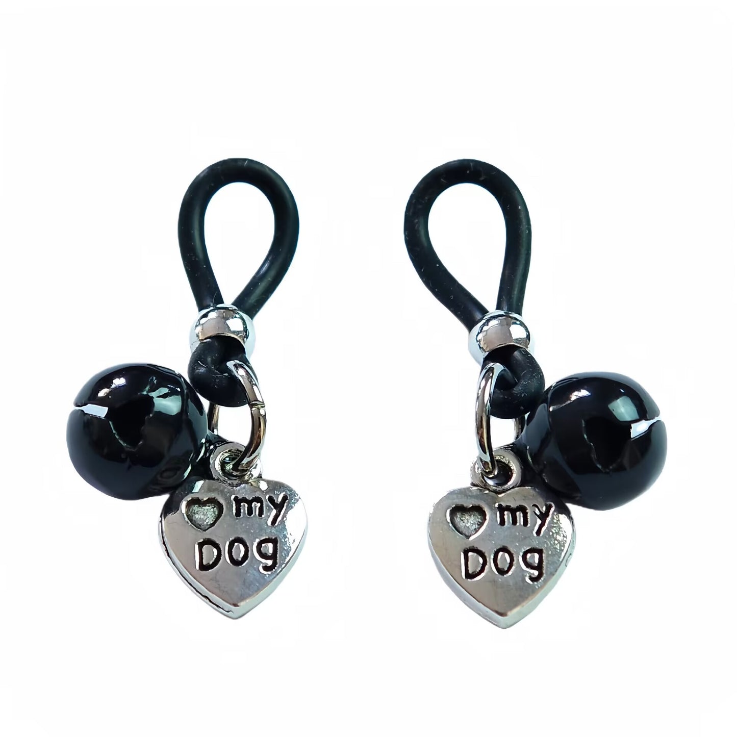A pair of adjustable non-piercing nipple rings with 'I Love My Dog' heart charms and black beads.