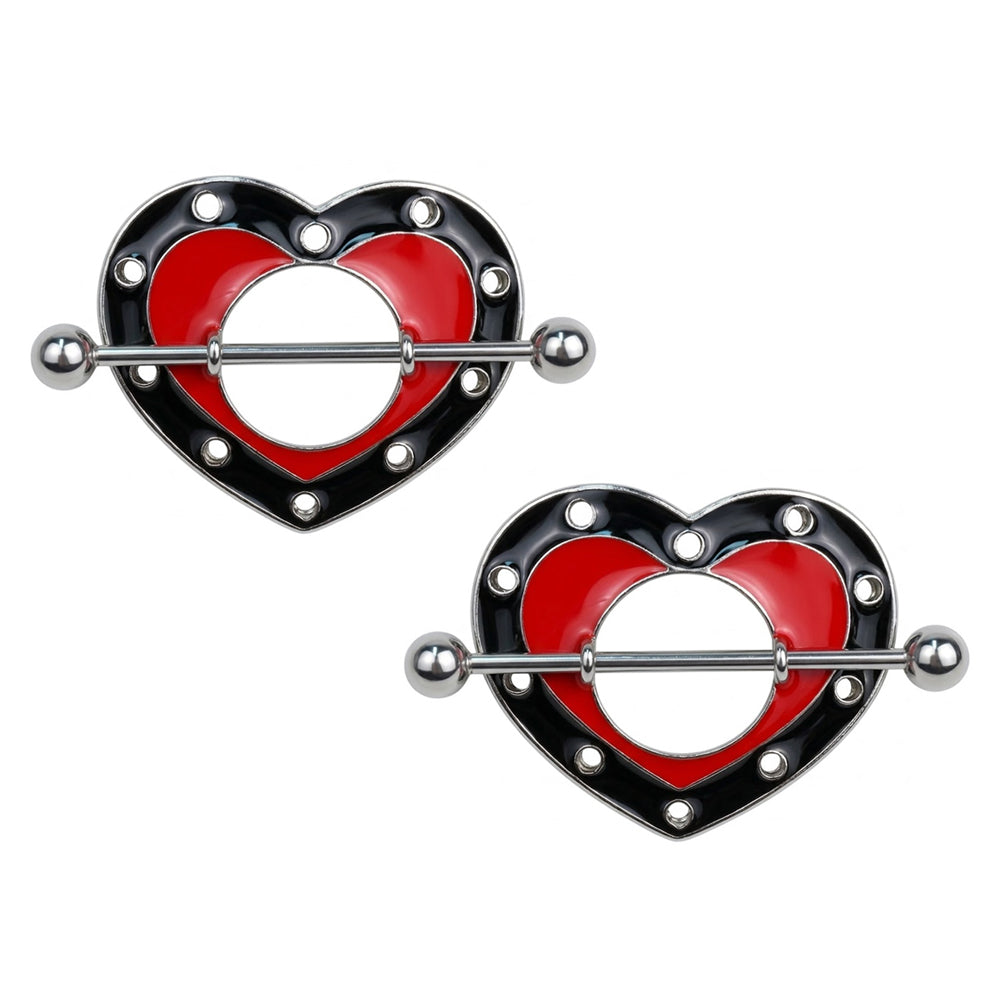 A pair of Gothic red heart nipple piercings, symmetrical design for alternative body jewelry styling.