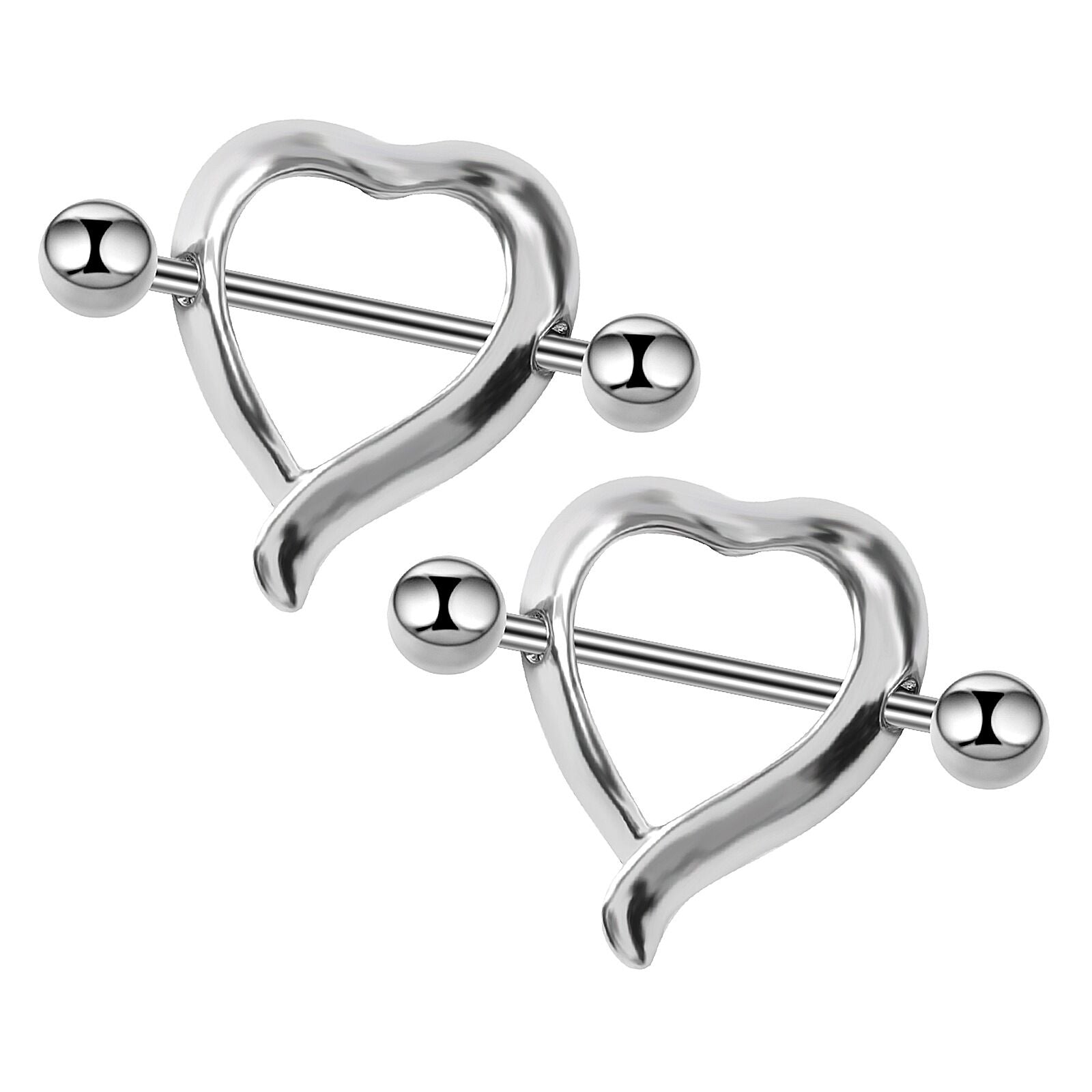 Pair of polished silver-tone heart-shaped nipple shield barbells for body piercing.