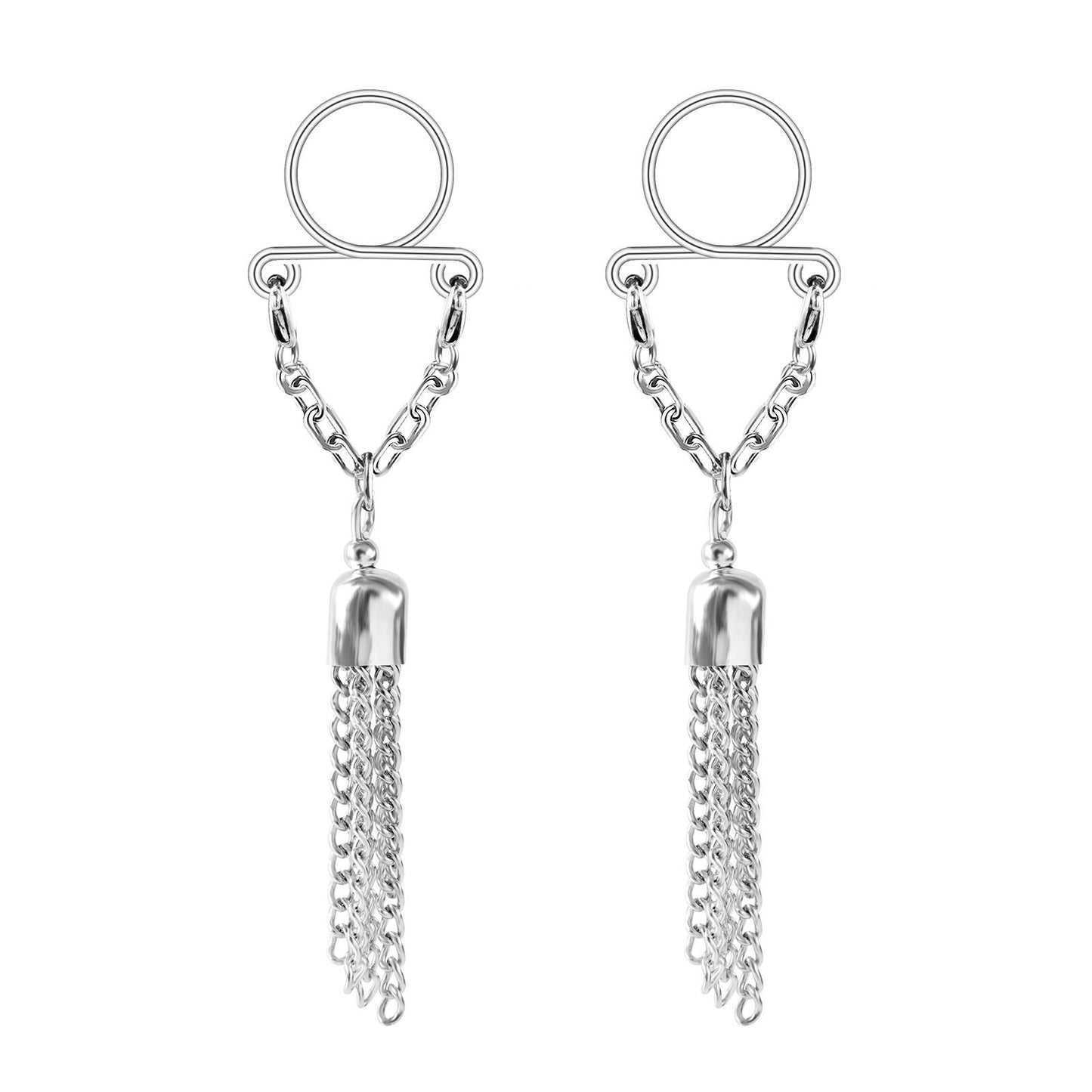 A pair of adjustable non-pierced nipple shields with long cascading tassel chains, perfect for symmetrical body styling.