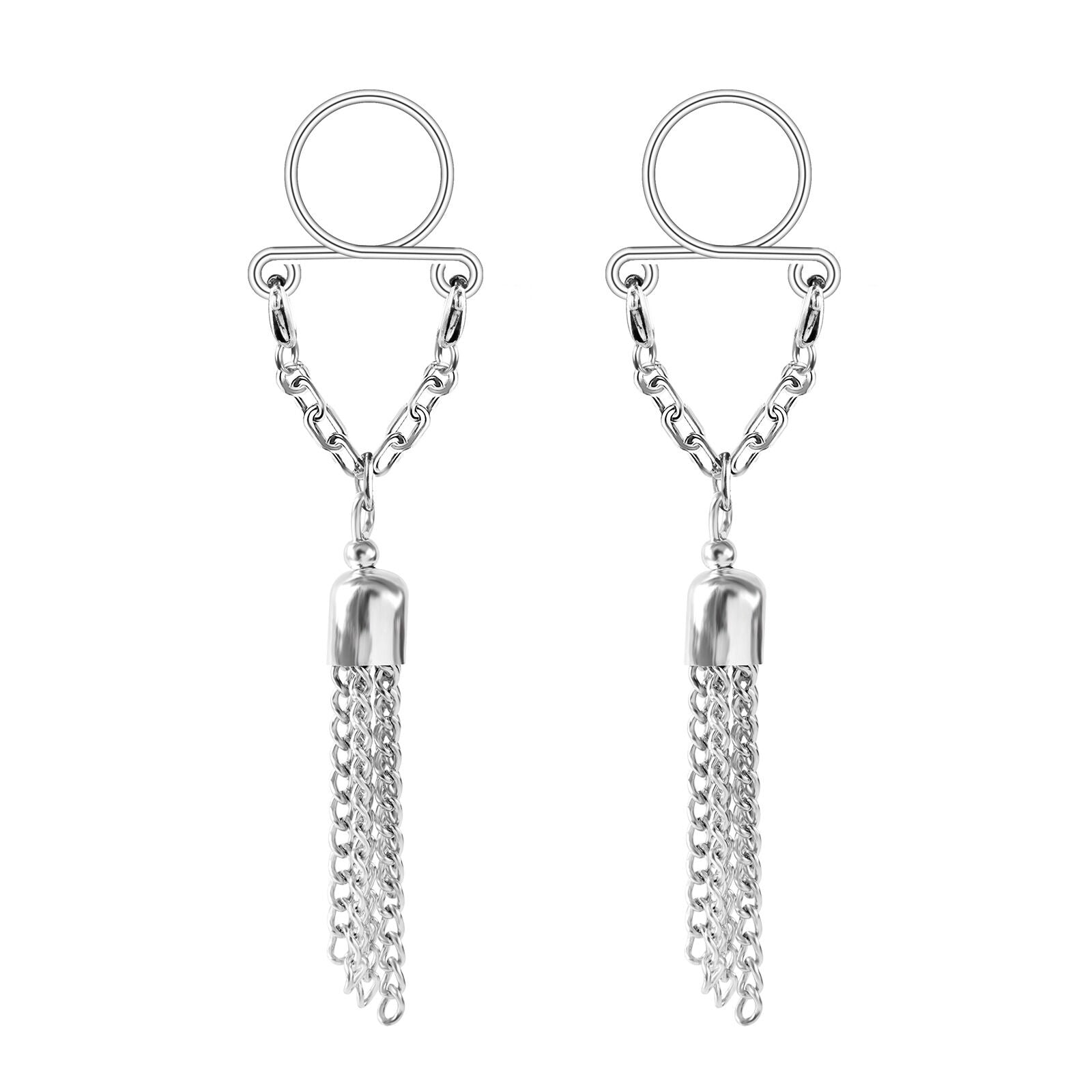 A pair of adjustable non-pierced nipple shields with long cascading tassel chains, perfect for symmetrical body styling.