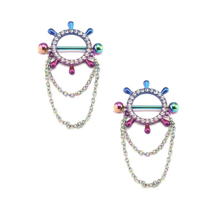 14G Rainbow Nautical Ship Wheel Nipple Shield Piercing with Double Dangle Chains - Set of 2
