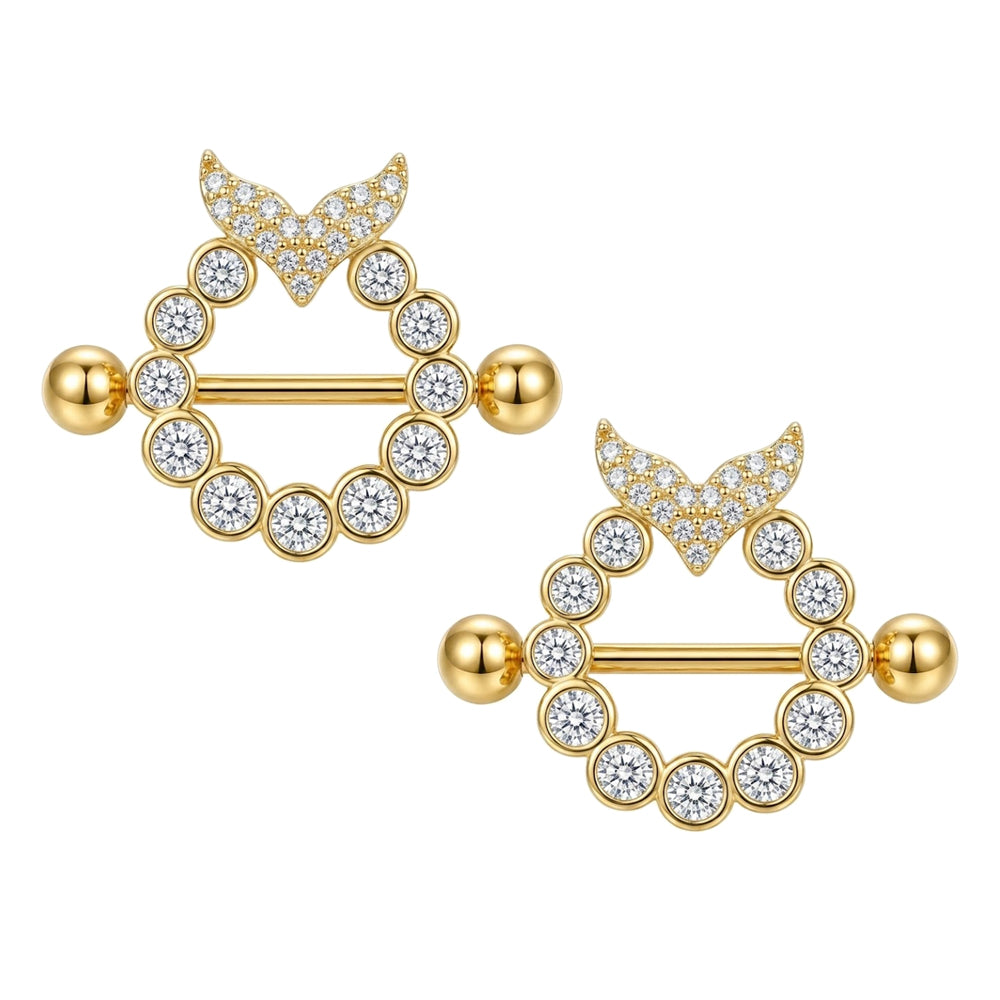 A matching pair of 14K gold plated mermaid tail nipple shield rings with micro-paved CZ crystals for healed piercings, sold as a set.