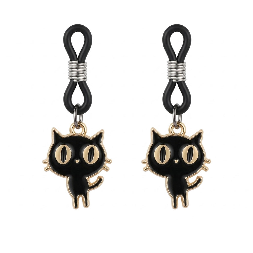 A pair of adjustable rubber loop nipple clamps with whimsical black kitten charms for body decoration.