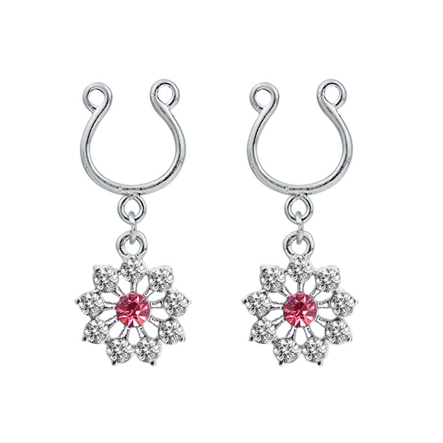 A pair of matching non-pierced adjustable clip-on nipple rings with floral pendants.