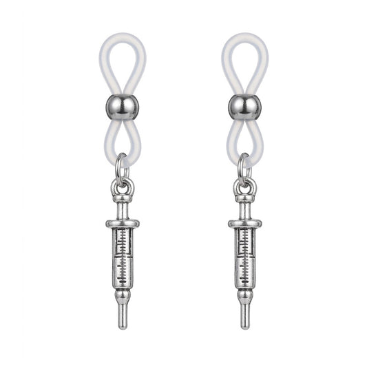 A symmetrical pair of non-pierced syringe nipple clamps featuring clear adjustable silicone loops and vintage silver medical syringe charms, perfectly centered on a clean white background.