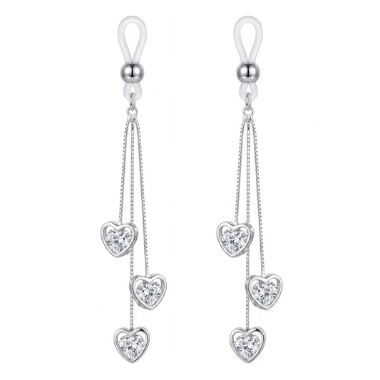 A pair of adjustable non-piercing nipple jewelry featuring cascading heart dangles and silicone loops.