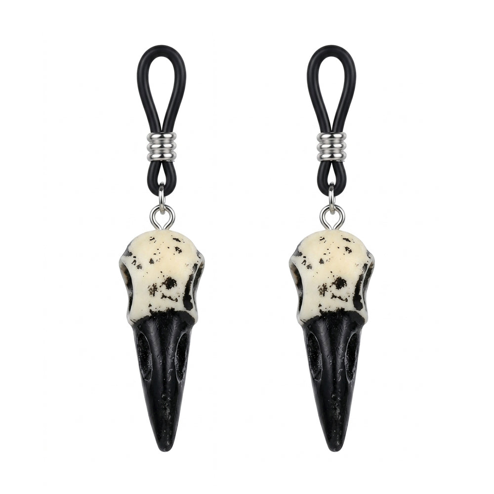 A pair of Gothic style crow skull nipple loops with adjustable sliders, ideal for non-piercing body accessory styling.