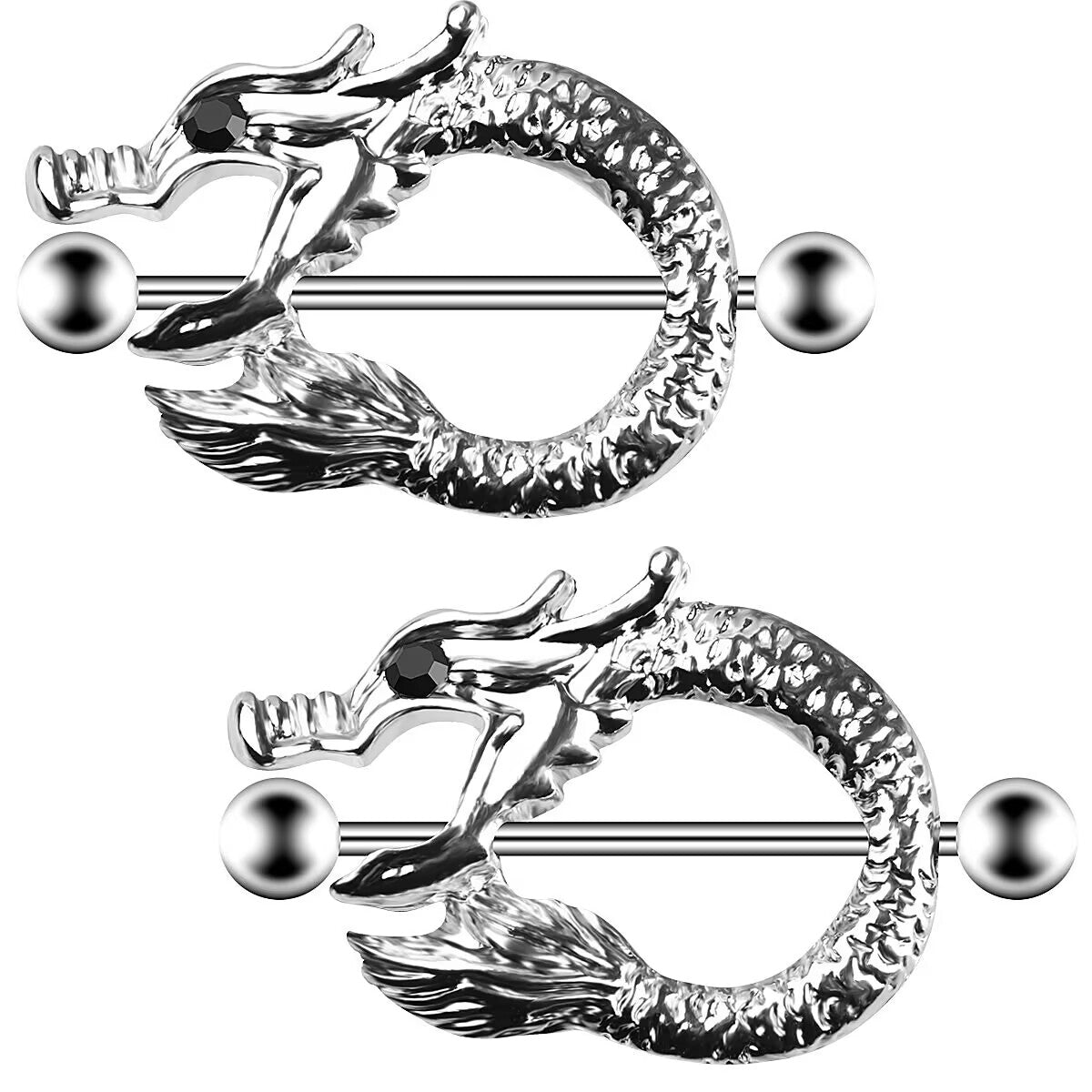 A pair of matching dragon nipple rings for alternative fashion styling.