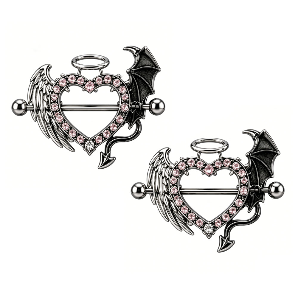 A matching pair of symmetrical angel and devil alternative gothic nipple barbell rings sold as a 2-piece set for body piercing jewelry lovers.