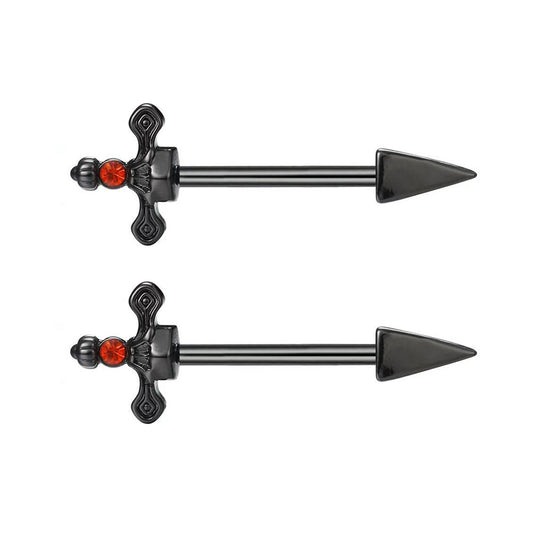 A pair of black sword nipple rings (2 pieces) with red crystal accents, arranged horizontally on a seamless white background for Shopify e-commerce.