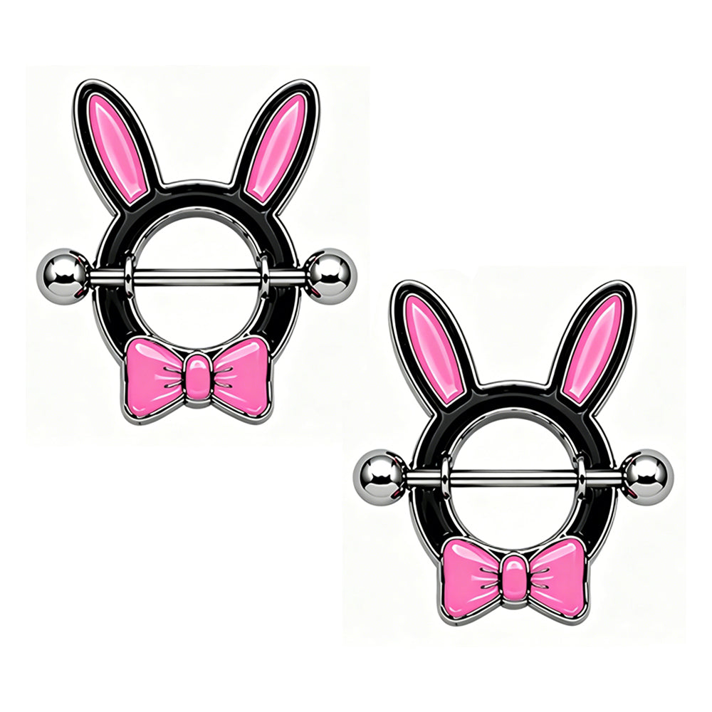 A pair of matching rabbit-themed nipple shields featuring pink ears and black frames