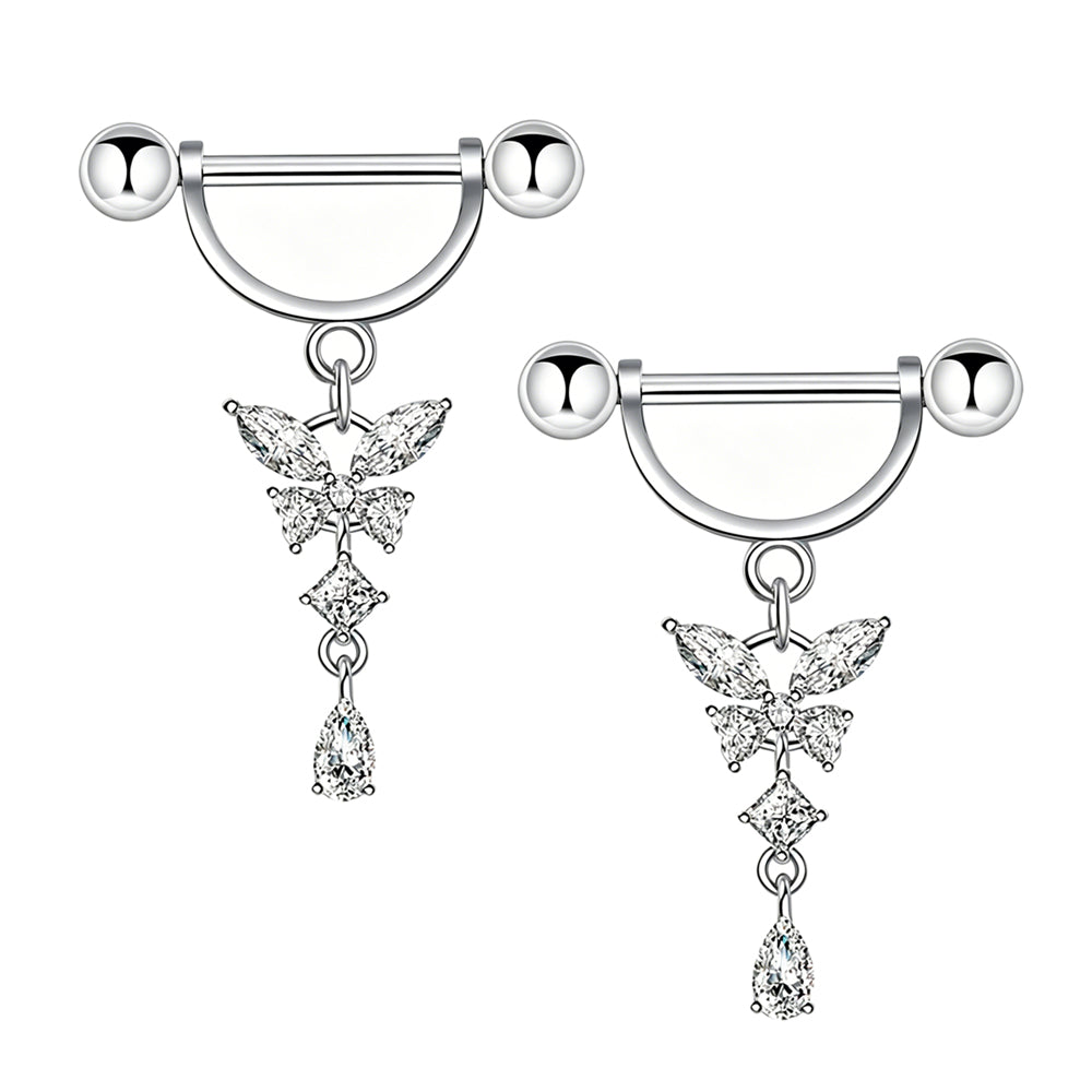 A matching pair of crystal clear cubic zirconia butterfly dangle nipple rings for women.