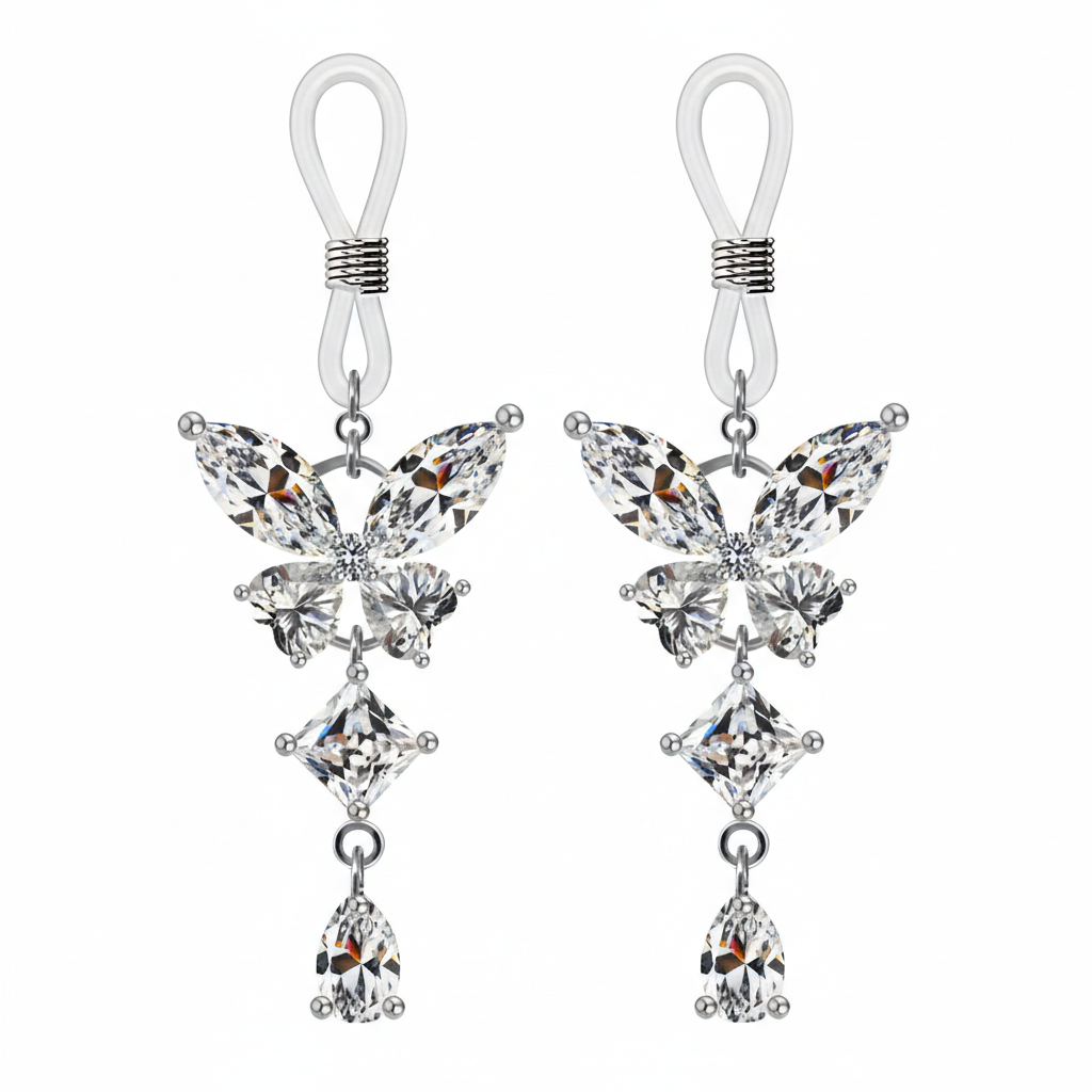 A matching pair of elegant crystal butterfly non-pierced body jewelry clamps featuring tiered marquise and square cut stones for intimate styling.