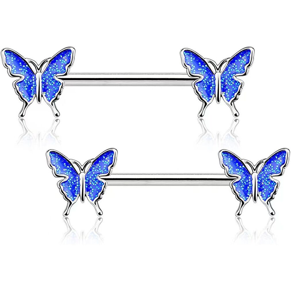 A pair of matching blue butterfly nipple rings with a reflective shadow.