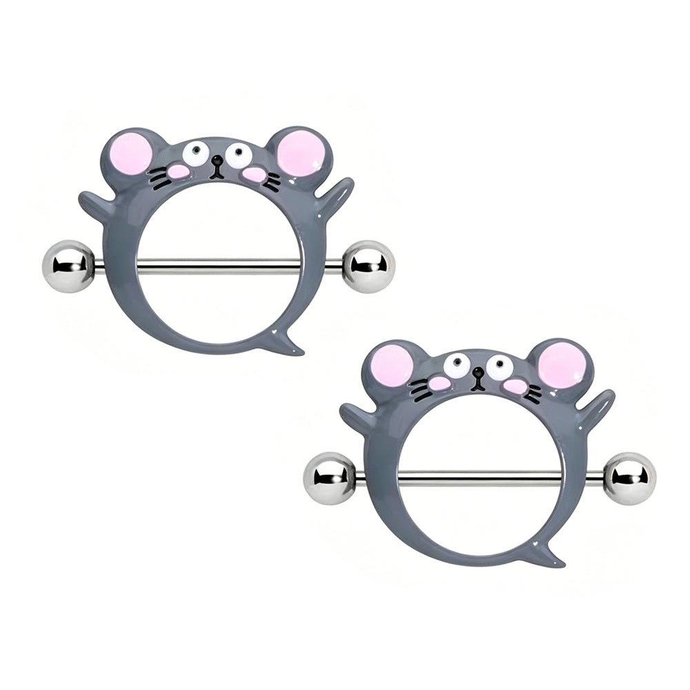 A matching pair of grey cartoon hamster nipple shield rings sold as a 2-piece set, displayed isolated on a clean white background.
