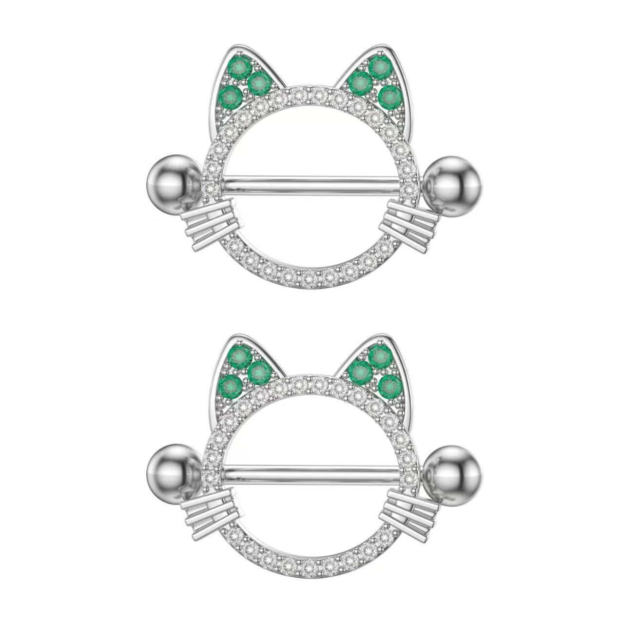 A pair of matching silver cat nipple shields with green crystal accents for body piercing.