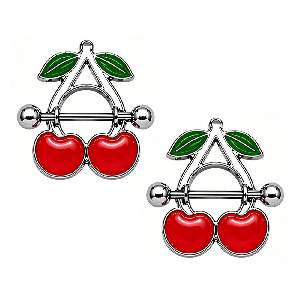 A pair of matching cherry-shaped nipple shields for alternative body piercing.