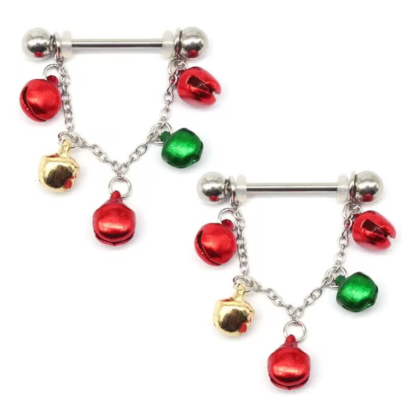 Pair of Christmas jingle bell nipple rings with dangle chains and multi-colored bell charms on white background