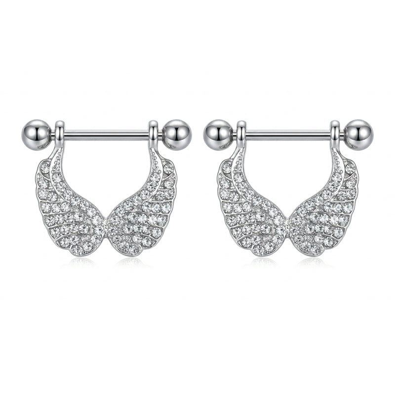 A matching pair of crystal-encrusted angel wings nipple shields with straight barbells on a clean white background.